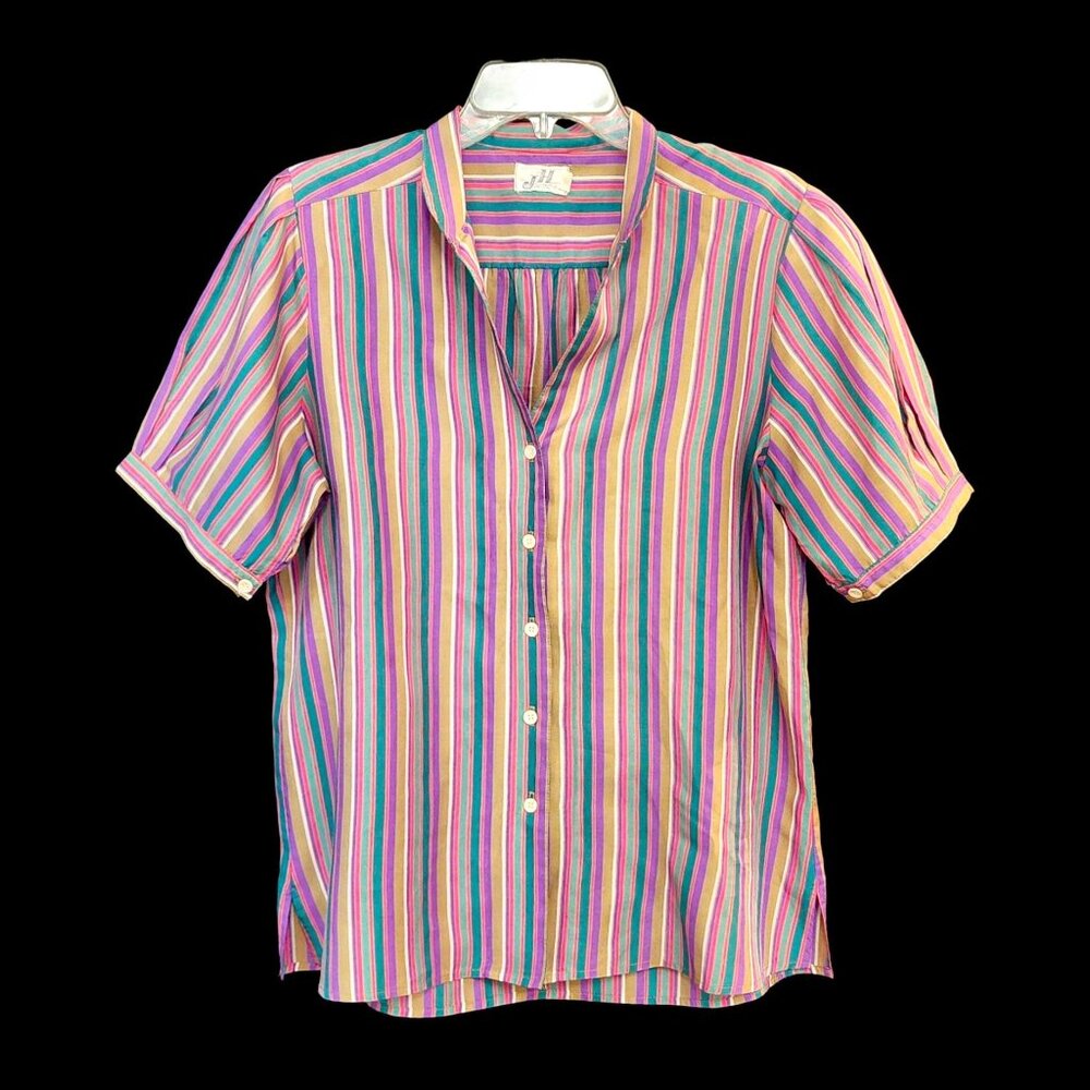 Womens Vintage Shirt Colorful Bright Rainbow Striped Blouse Size M-L Funky Retro